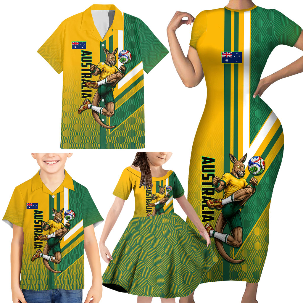 Personalized Australia Soccer Kangaroo Family Matching Short Sleeve Bodycon Dress and Hawaiian Shirt Australia Flag Athletic Mascot Boxing Kangaroo
