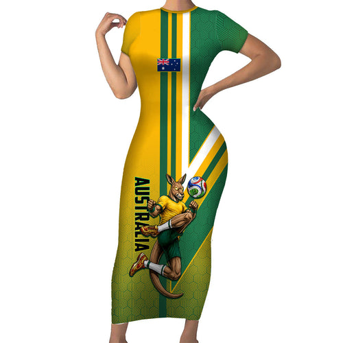 Personalized Australia Soccer Kangaroo Family Matching Short Sleeve Bodycon Dress and Hawaiian Shirt Australia Flag Athletic Mascot Boxing Kangaroo