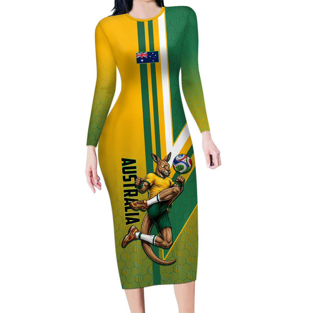 Personalized Australia Soccer Kangaroo Long Sleeve Bodycon Dress Australia Flag Athletic Mascot Boxing Kangaroo