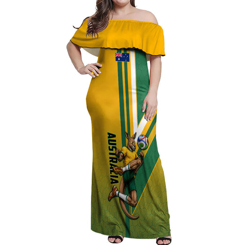 Personalized Australia Soccer Kangaroo Off Shoulder Maxi Dress Australia Flag Athletic Mascot Boxing Kangaroo