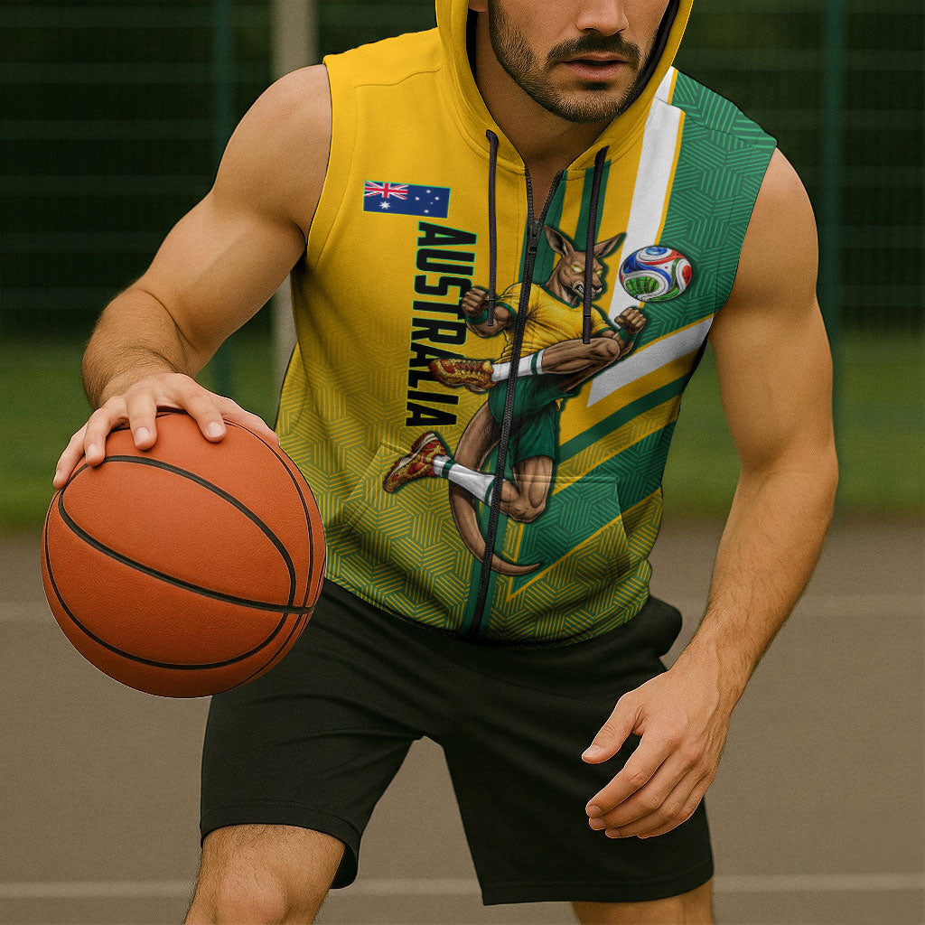 Personalized Australia Soccer Kangaroo Sleeveless Zip Hoodie Australia Flag Athletic Mascot Boxing Kangaroo