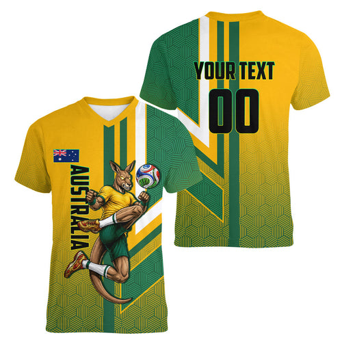Personalized Australia Soccer Kangaroo Women V-Neck T-Shirt Australia Flag Athletic Mascot Boxing Kangaroo