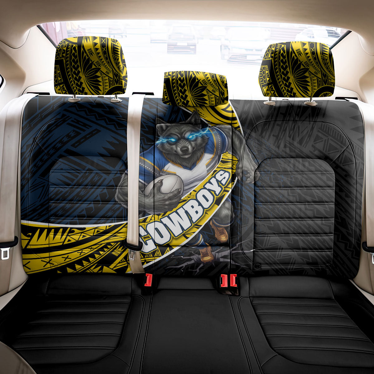 North Queensland Cowboys Rugby Back Car Seat Cover Tribal Polynesian Power Art - Lightning Mascot