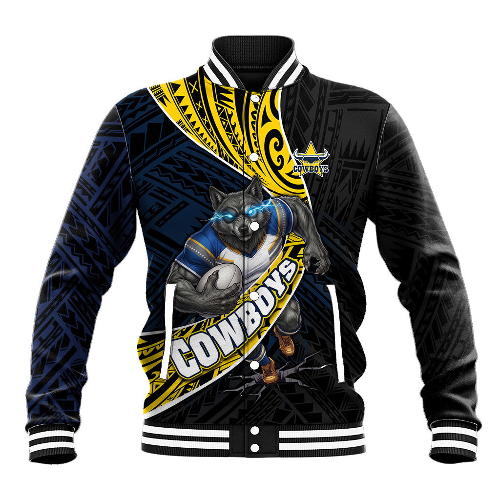 North Queensland Cowboys Rugby Baseball Jacket Tribal Polynesian Power Art - Lightning Mascot