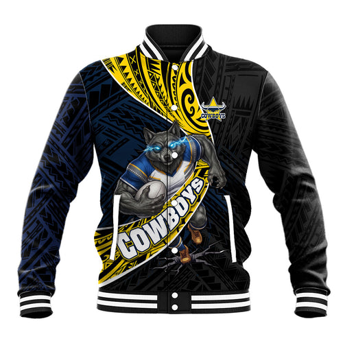 North Queensland Cowboys Rugby Baseball Jacket Tribal Polynesian Power Art - Lightning Mascot