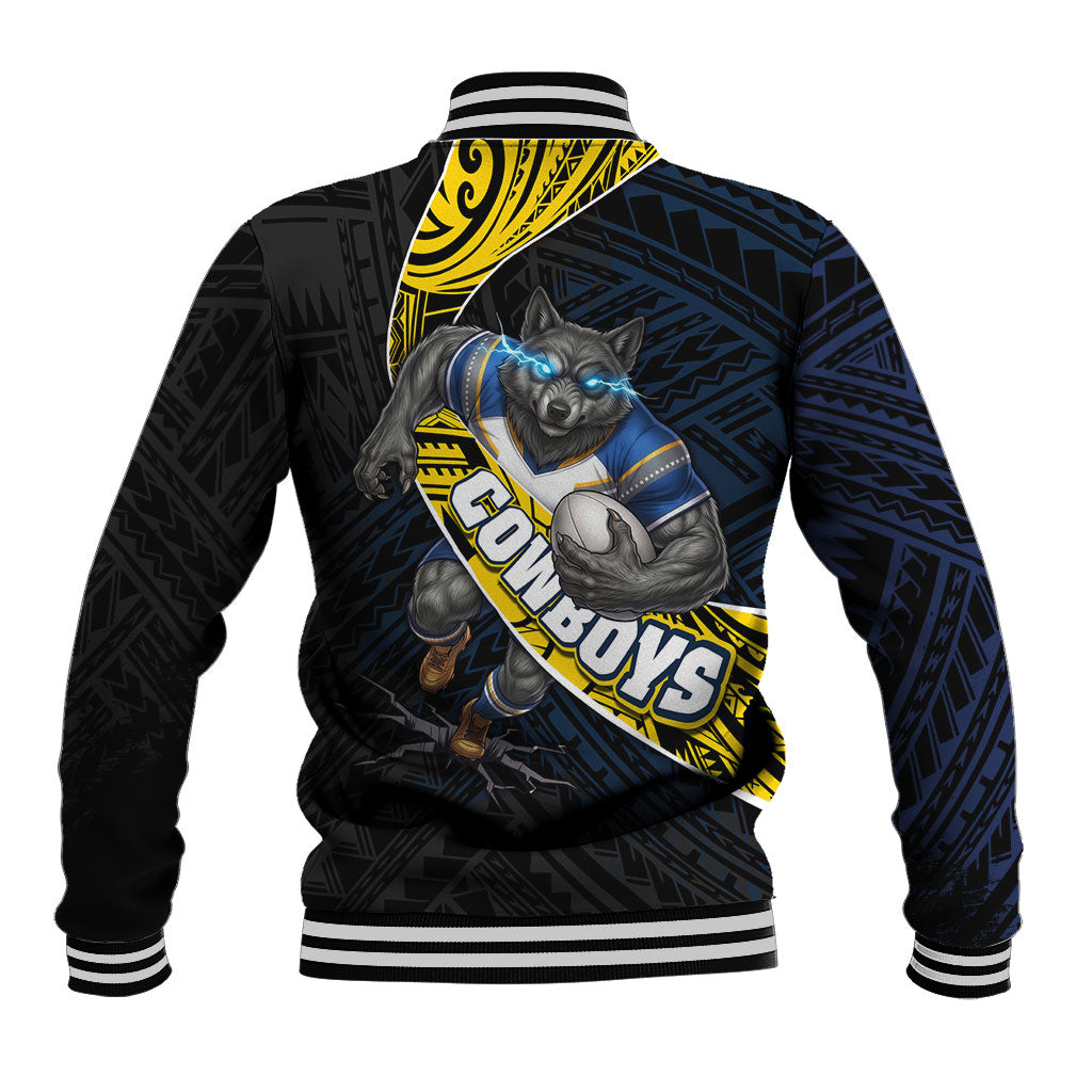 North Queensland Cowboys Rugby Baseball Jacket Tribal Polynesian Power Art - Lightning Mascot