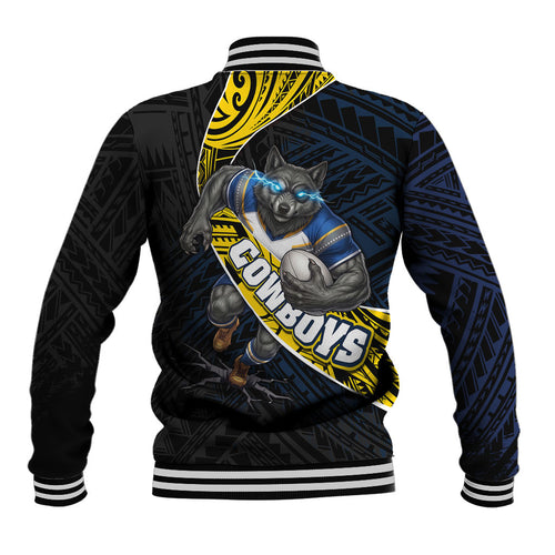 North Queensland Cowboys Rugby Baseball Jacket Tribal Polynesian Power Art - Lightning Mascot