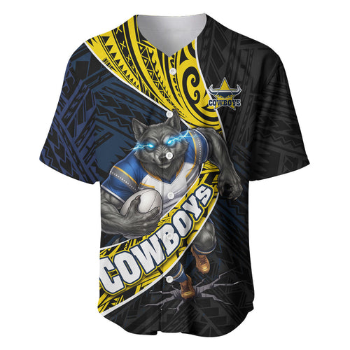 North Queensland Cowboys Rugby Baseball Jersey Tribal Polynesian Power Art - Lightning Mascot