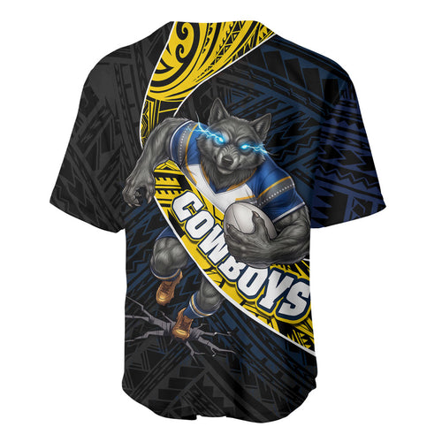 North Queensland Cowboys Rugby Baseball Jersey Tribal Polynesian Power Art - Lightning Mascot