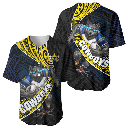 North Queensland Cowboys Rugby Baseball Jersey Tribal Polynesian Power Art - Lightning Mascot