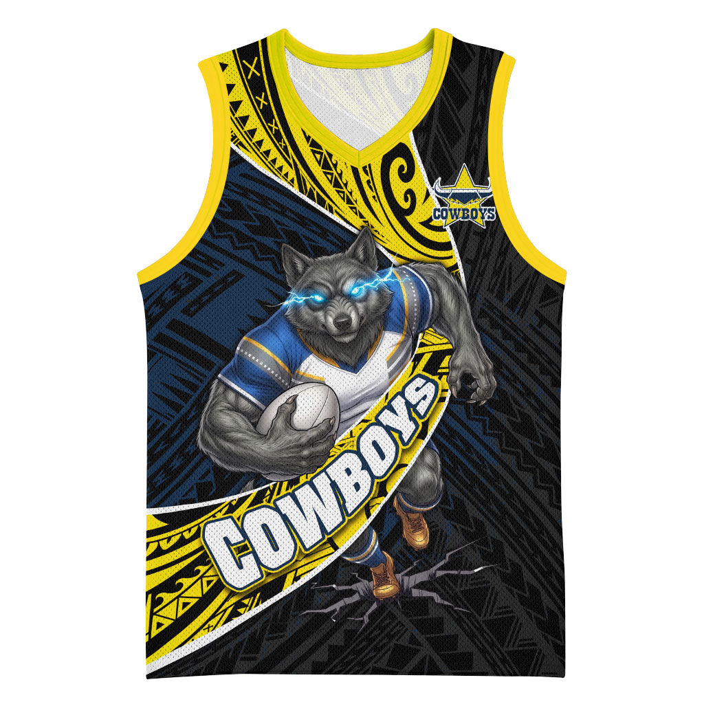 North Queensland Cowboys Rugby Basketball Jersey Tribal Polynesian Power Art - Lightning Mascot