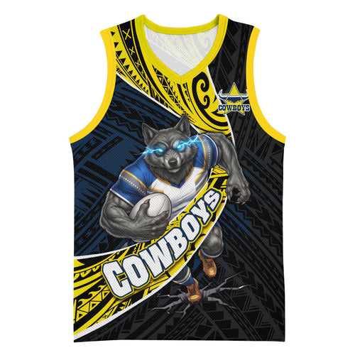 North Queensland Cowboys Rugby Basketball Jersey Tribal Polynesian Power Art - Lightning Mascot