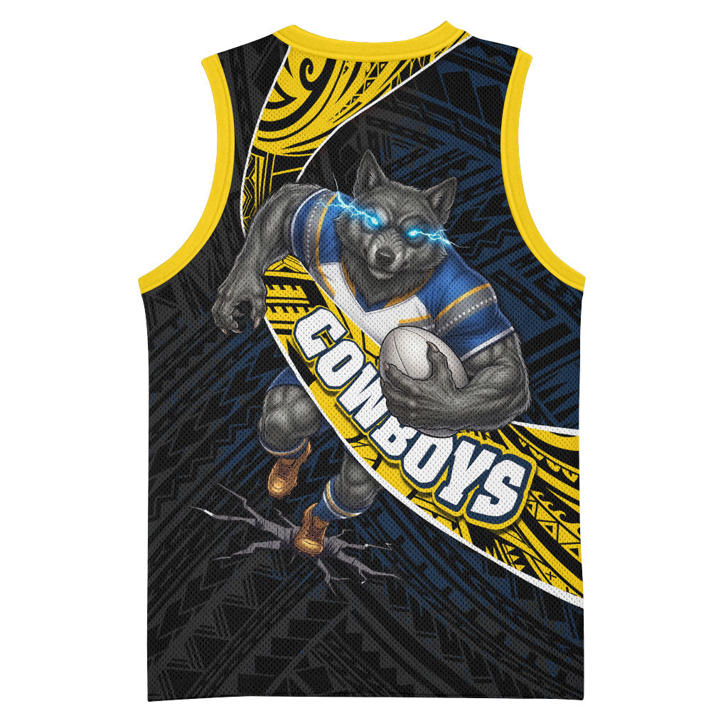North Queensland Cowboys Rugby Basketball Jersey Tribal Polynesian Power Art - Lightning Mascot