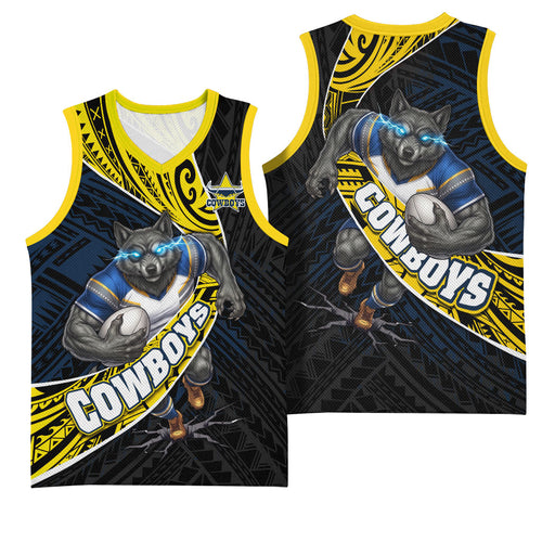 North Queensland Cowboys Rugby Basketball Jersey Tribal Polynesian Power Art - Lightning Mascot