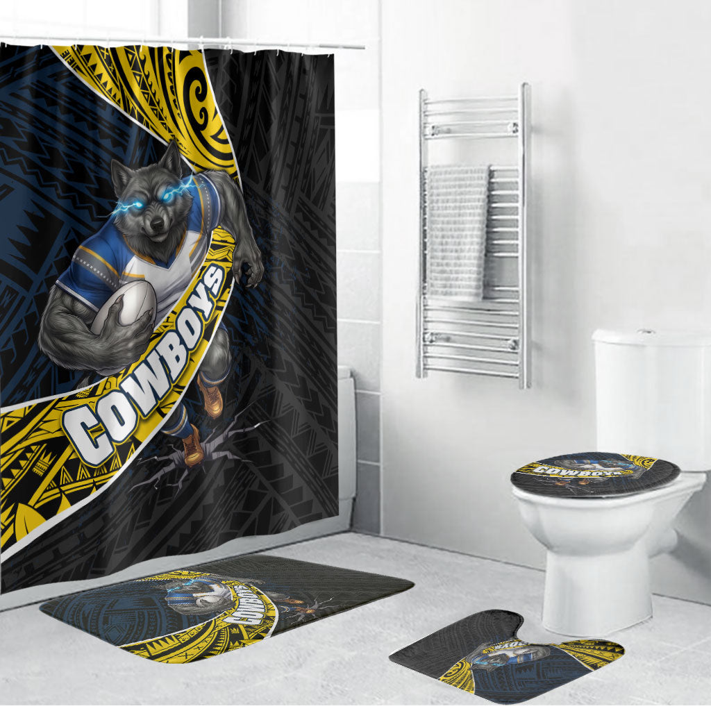 North Queensland Cowboys Rugby Bathroom Set Tribal Polynesian Power Art - Lightning Mascot