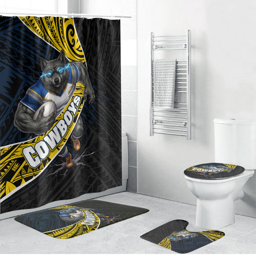 North Queensland Cowboys Rugby Bathroom Set Tribal Polynesian Power Art - Lightning Mascot