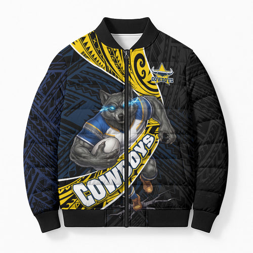 North Queensland Cowboys Rugby Bomber Puffer Jacket Tribal Polynesian Power Art - Lightning Mascot