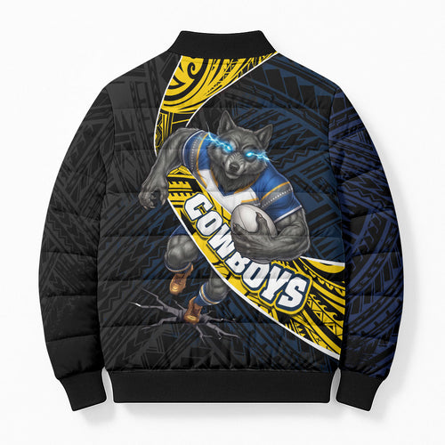 North Queensland Cowboys Rugby Bomber Puffer Jacket Tribal Polynesian Power Art - Lightning Mascot