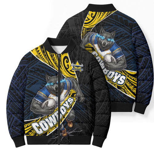North Queensland Cowboys Rugby Bomber Puffer Jacket Tribal Polynesian Power Art - Lightning Mascot