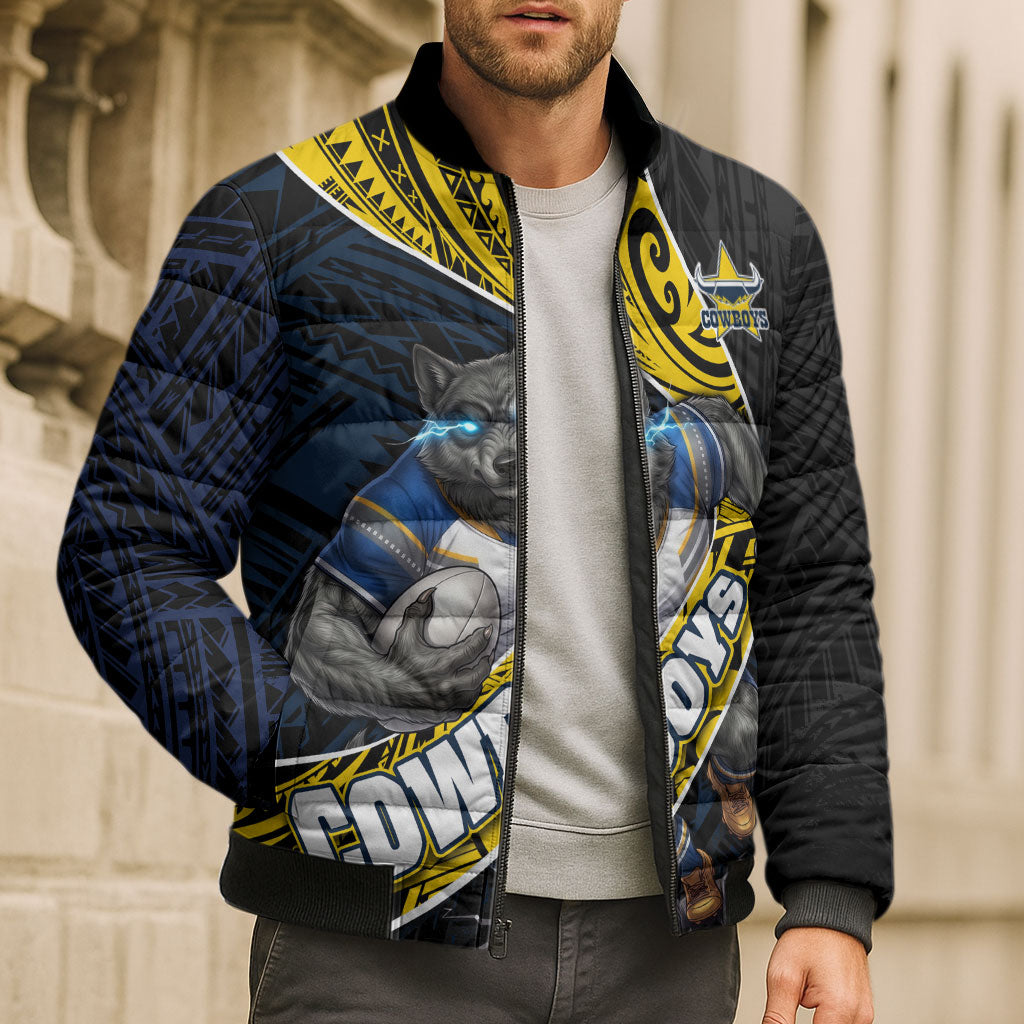 North Queensland Cowboys Rugby Bomber Puffer Jacket Tribal Polynesian Power Art - Lightning Mascot