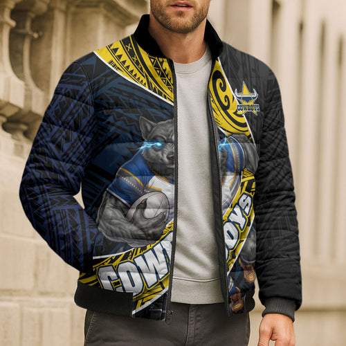 North Queensland Cowboys Rugby Bomber Puffer Jacket Tribal Polynesian Power Art - Lightning Mascot