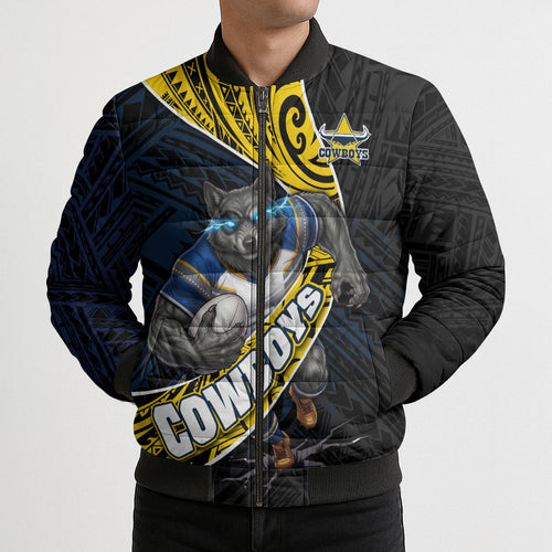 North Queensland Cowboys Rugby Bomber Puffer Jacket Tribal Polynesian Power Art - Lightning Mascot