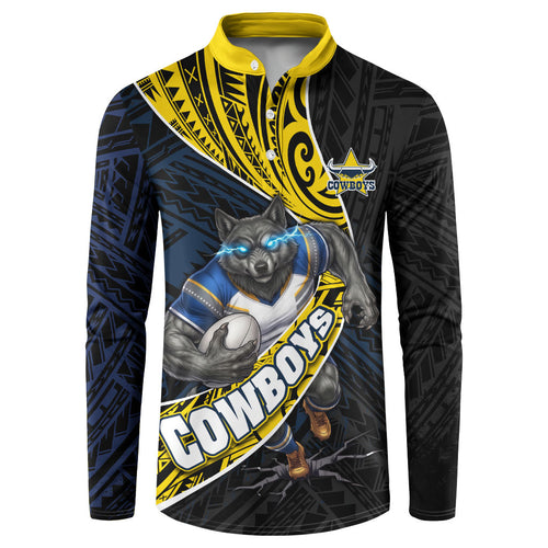 North Queensland Cowboys Rugby Button Sweatshirt Tribal Polynesian Power Art - Lightning Mascot