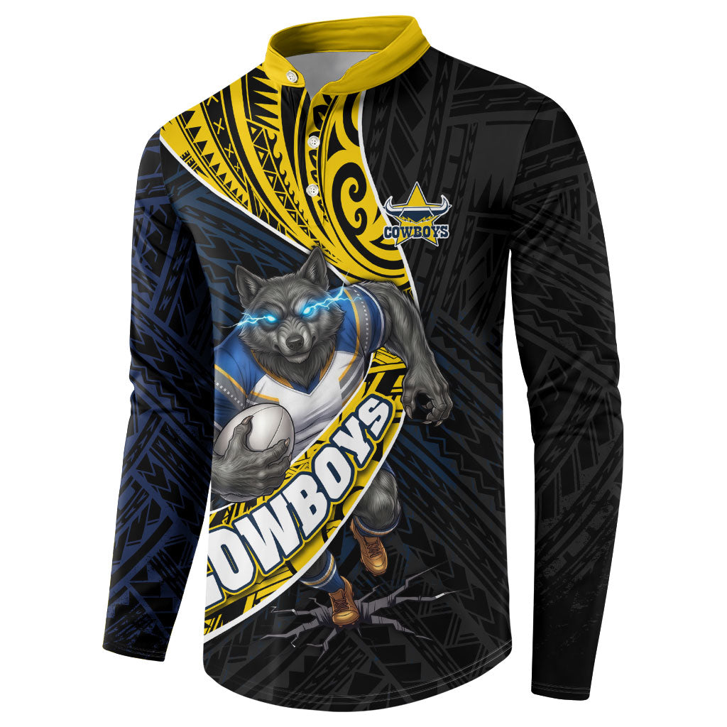 North Queensland Cowboys Rugby Button Sweatshirt Tribal Polynesian Power Art - Lightning Mascot