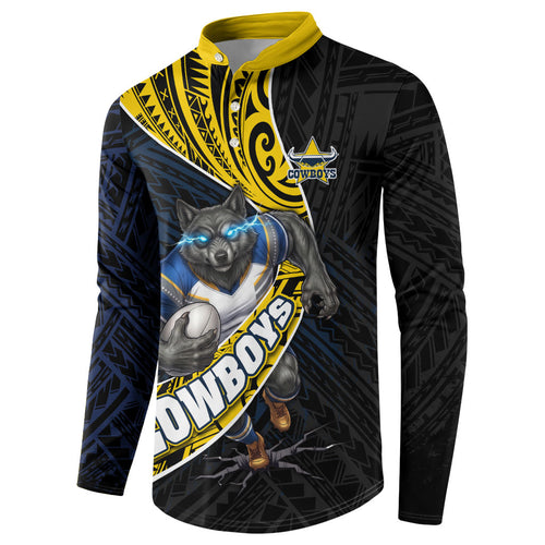 North Queensland Cowboys Rugby Button Sweatshirt Tribal Polynesian Power Art - Lightning Mascot
