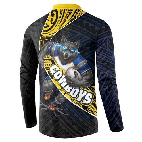 North Queensland Cowboys Rugby Button Sweatshirt Tribal Polynesian Power Art - Lightning Mascot