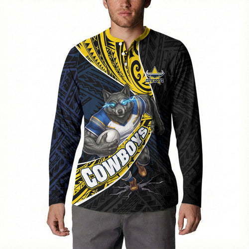 North Queensland Cowboys Rugby Button Sweatshirt Tribal Polynesian Power Art - Lightning Mascot