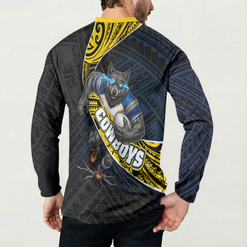 North Queensland Cowboys Rugby Button Sweatshirt Tribal Polynesian Power Art - Lightning Mascot