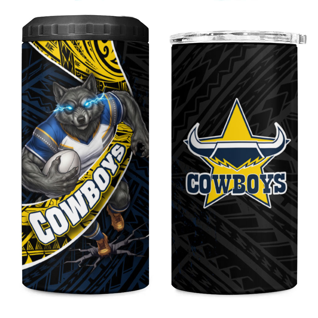 North Queensland Cowboys Rugby 4 in 1 Can Cooler Tumbler Tribal Polynesian Power Art - Lightning Mascot