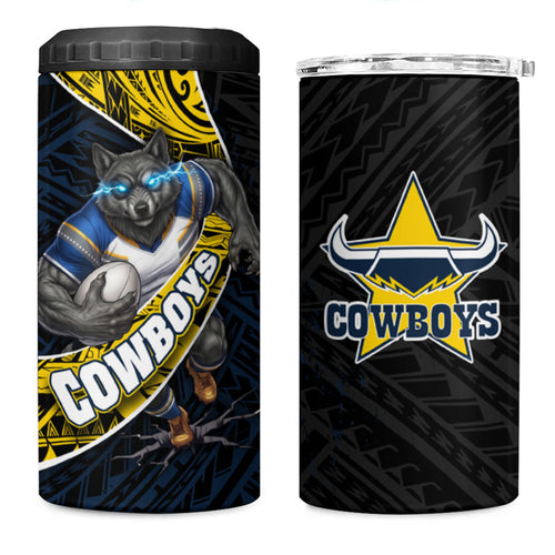 North Queensland Cowboys Rugby 4 in 1 Can Cooler Tumbler Tribal Polynesian Power Art - Lightning Mascot