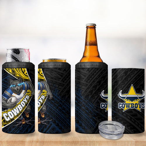 North Queensland Cowboys Rugby 4 in 1 Can Cooler Tumbler Tribal Polynesian Power Art - Lightning Mascot