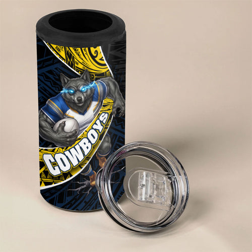 North Queensland Cowboys Rugby 4 in 1 Can Cooler Tumbler Tribal Polynesian Power Art - Lightning Mascot