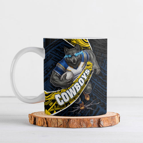 North Queensland Cowboys Rugby Ceramic Mug Tribal Polynesian Power Art - Lightning Mascot
