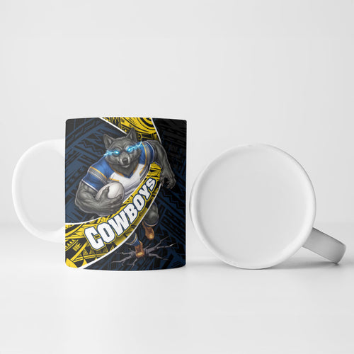 North Queensland Cowboys Rugby Ceramic Mug Tribal Polynesian Power Art - Lightning Mascot