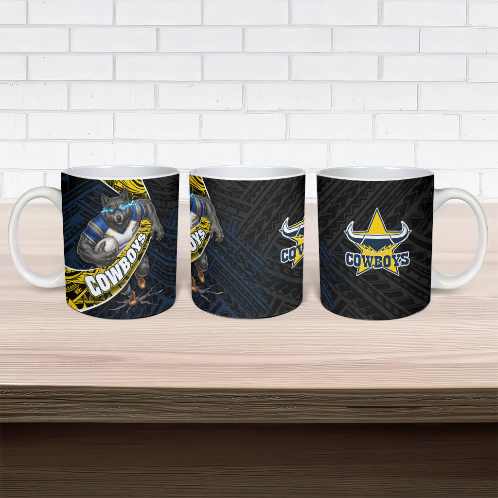 North Queensland Cowboys Rugby Ceramic Mug Tribal Polynesian Power Art - Lightning Mascot