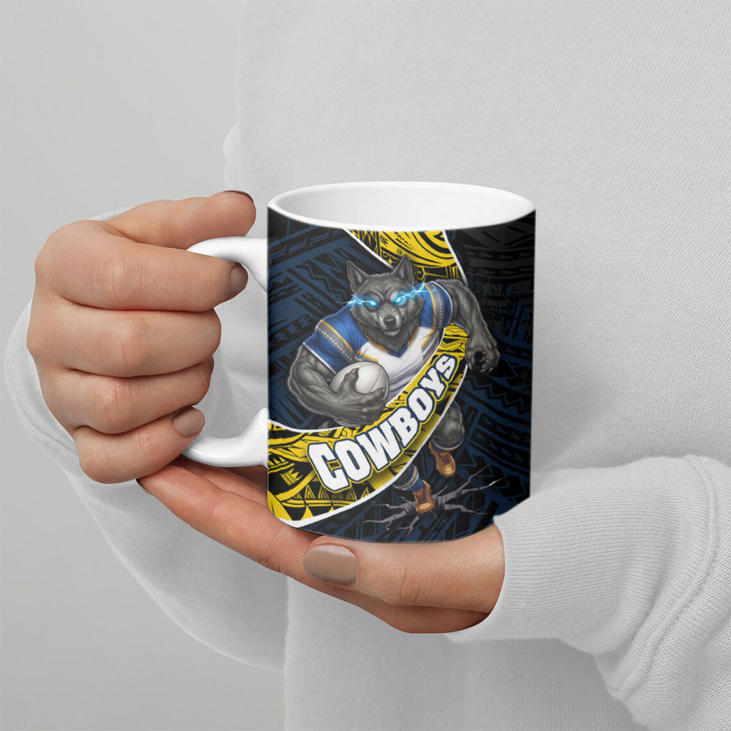 North Queensland Cowboys Rugby Ceramic Mug Tribal Polynesian Power Art - Lightning Mascot
