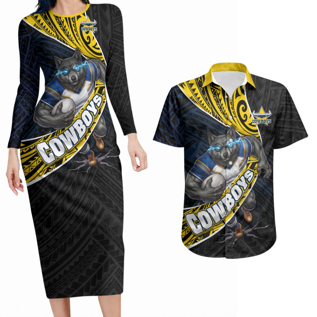 North Queensland Cowboys Rugby Couples Matching Long Sleeve Bodycon Dress and Hawaiian Shirt Tribal Polynesian Power Art - Lightning Mascot