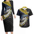 North Queensland Cowboys Rugby Couples Matching Long Sleeve Bodycon Dress and Hawaiian Shirt Tribal Polynesian Power Art - Lightning Mascot