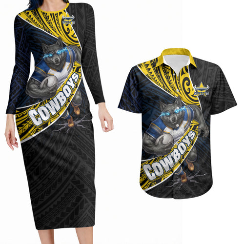 North Queensland Cowboys Rugby Couples Matching Long Sleeve Bodycon Dress and Hawaiian Shirt Tribal Polynesian Power Art - Lightning Mascot