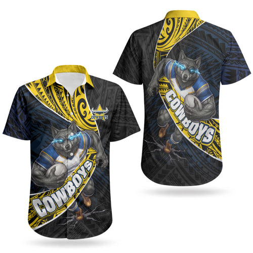 North Queensland Cowboys Rugby Couples Matching Long Sleeve Bodycon Dress and Hawaiian Shirt Tribal Polynesian Power Art - Lightning Mascot