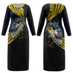 North Queensland Cowboys Rugby Couples Matching Long Sleeve Bodycon Dress and Hawaiian Shirt Tribal Polynesian Power Art - Lightning Mascot