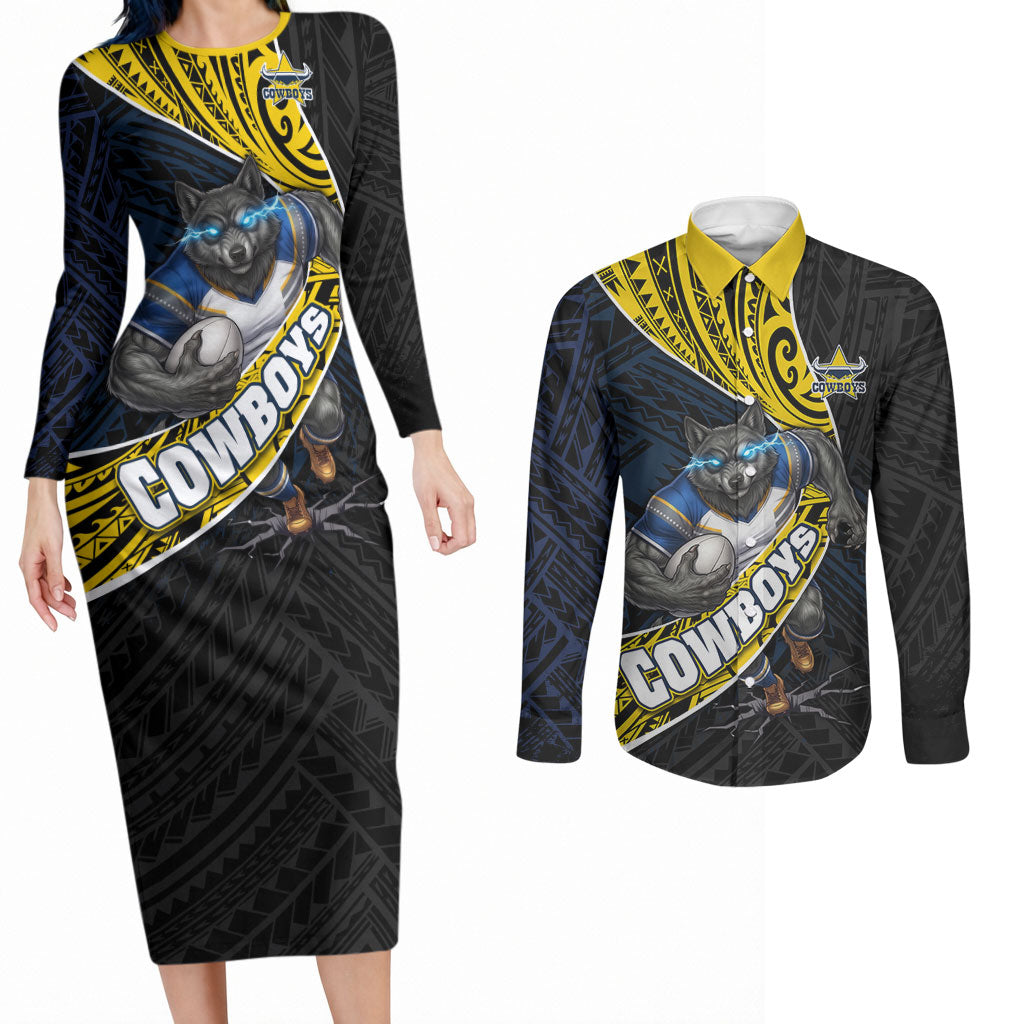 North Queensland Cowboys Rugby Couples Matching Long Sleeve Bodycon Dress and Long Sleeve Button Shirt Tribal Polynesian Power Art - Lightning Mascot