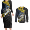 North Queensland Cowboys Rugby Couples Matching Long Sleeve Bodycon Dress and Long Sleeve Button Shirt Tribal Polynesian Power Art - Lightning Mascot