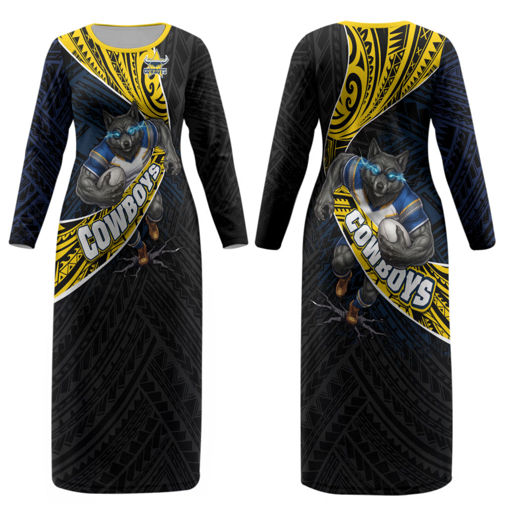 North Queensland Cowboys Rugby Couples Matching Long Sleeve Bodycon Dress and Long Sleeve Button Shirt Tribal Polynesian Power Art - Lightning Mascot