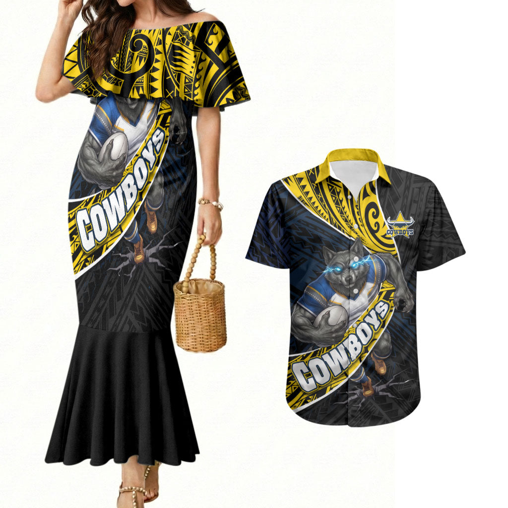 North Queensland Cowboys Rugby Couples Matching Mermaid Dress and Hawaiian Shirt Tribal Polynesian Power Art - Lightning Mascot