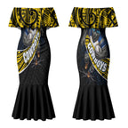 North Queensland Cowboys Rugby Couples Matching Mermaid Dress and Hawaiian Shirt Tribal Polynesian Power Art - Lightning Mascot